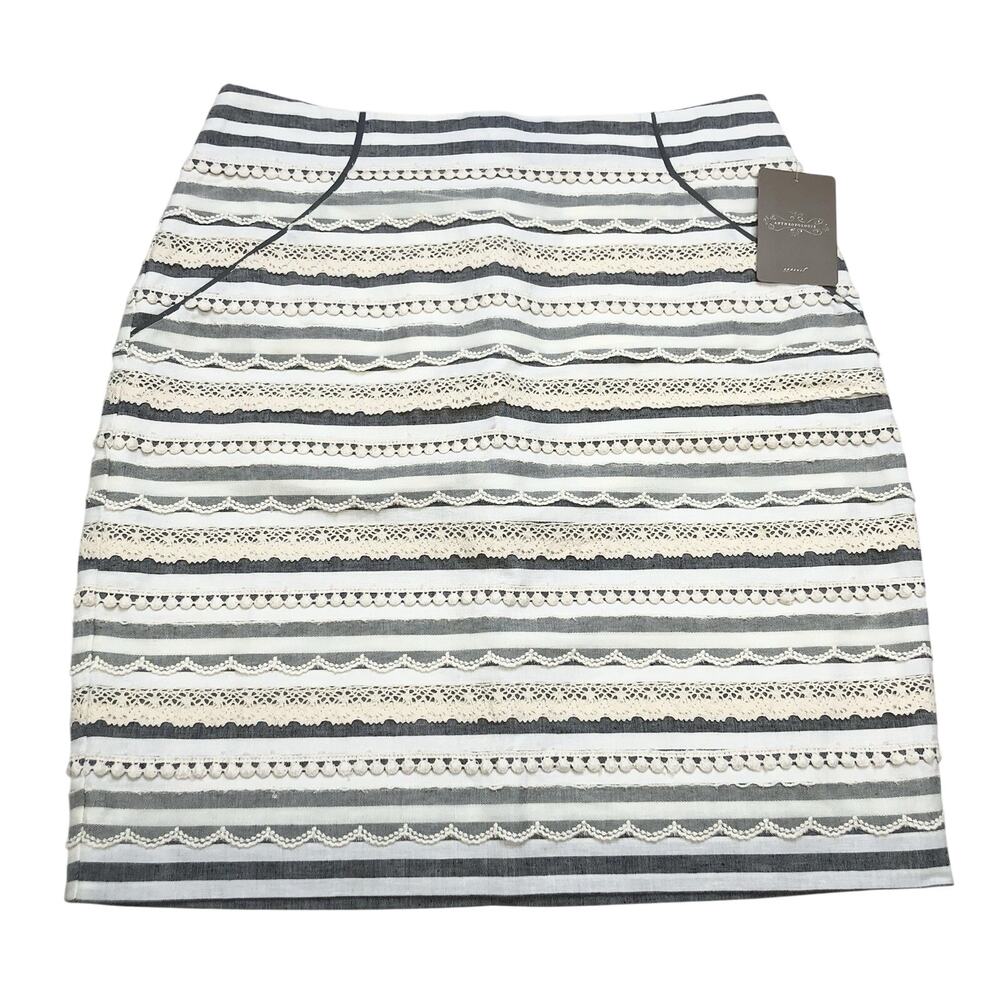 TABITHA Anthropologie Women's Skirt Lace Stripe Lined Pockets Size 4 Linen Blend
